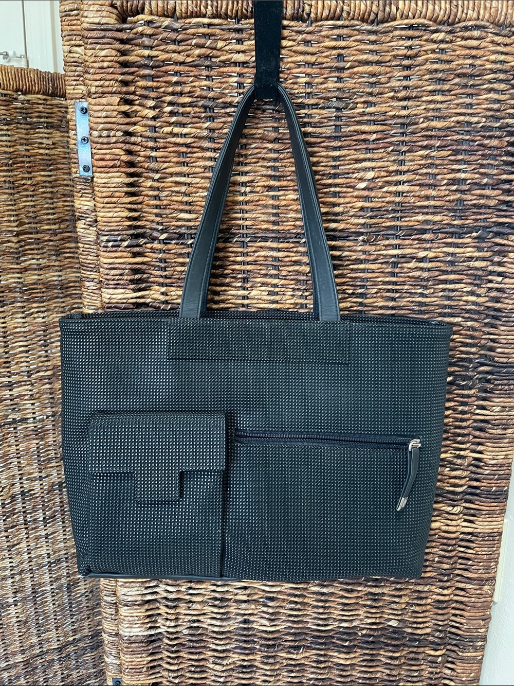 Black Structured Tote Bag with Front Pockets by Urban Oxide.